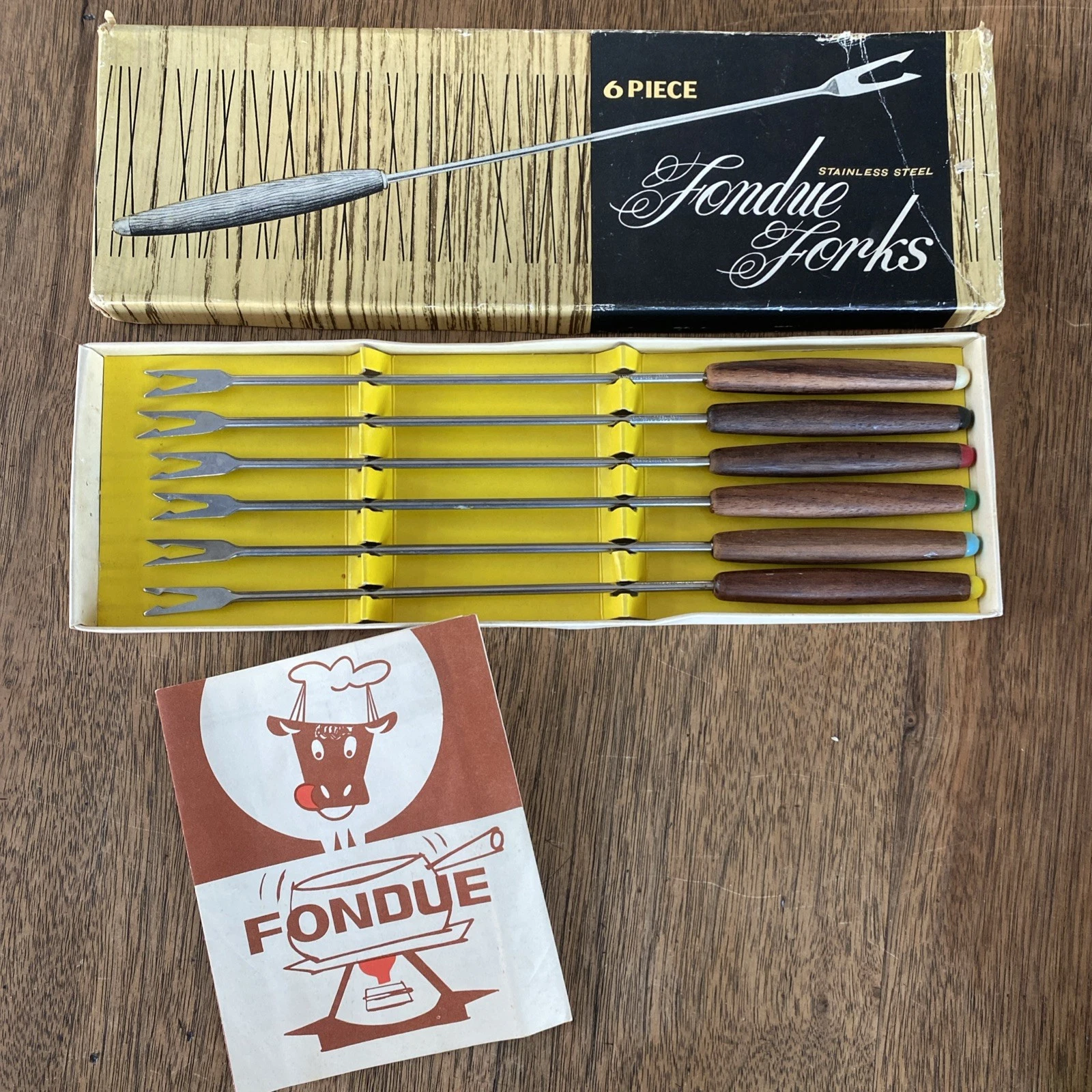 Vintage Fondue Forks Set of 6 Wood Handles Color Tips Mid Century Style Japan