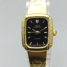 Vintage Sarah Coventry Womens Watch 18mm Black Dial Gold Tone Adjustable Band