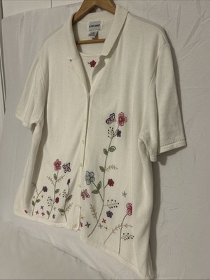 Vintage Cotton Cardigan Duet White With Embroidered Spring Flowers Size-3X