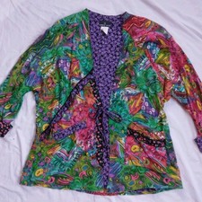 Vintage Carole Little Blouse Multicolor Patchwork Tie Waist Wearable Art Size 8