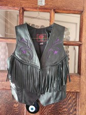90s Fashions by Rose Sz L Womans Black Purple Leather Biker Vest Fringe Conchos