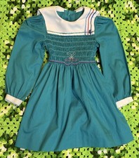 Vintage Girls Kids School Dress Teal Embroidered Retro Long Sleeve Collared