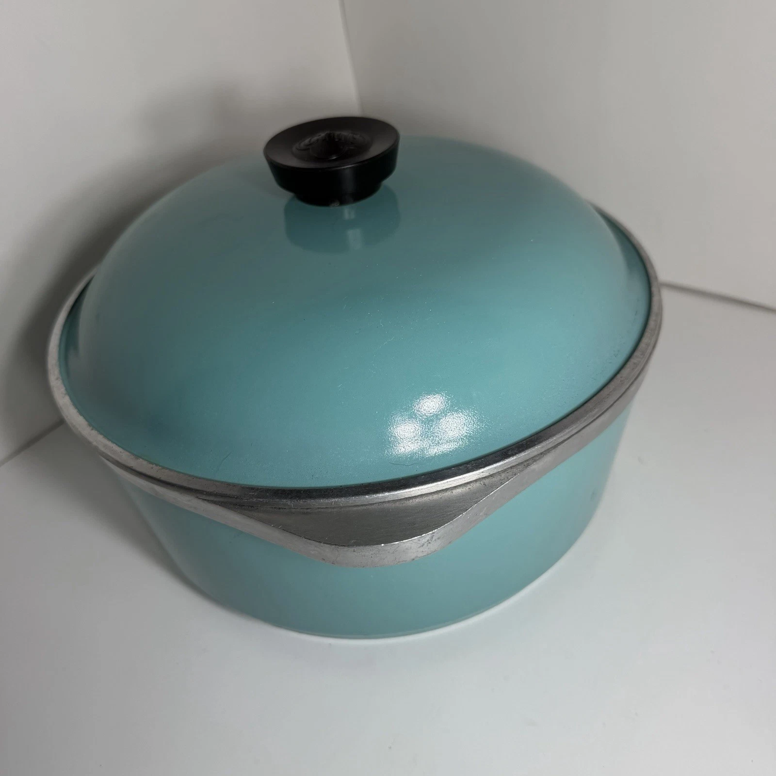 VTG CLUB Oval Roaster Turquoise Aqua Teal Aluminum Dutch Oven Pot 6 Qt Trivet