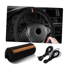 Car Steering Wheel Cover, 15 Inch Durable Genuine Leather Stitch Black/Coffee