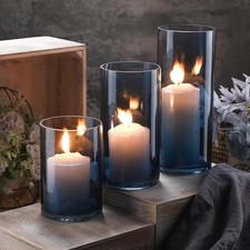 Set of 3 Blue Clear Hurricane Candle Holder Glass Cylinder Vases 6, 8, 10" NEW