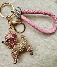 New Pink  Clear Austrian Crystal Poodle Dog Purse Bag Charm Keychain w/ Strap