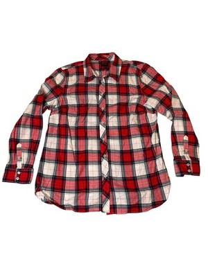 TALBOTS Women's Plaid Christmas Holiday Button-Up Shirt w/Gold Metallic Thread L