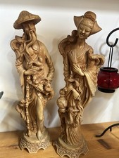 Vintage Chinesisches Figurenpaar Resin Gelehrter + Dame mit Fächer & Drachen 36c