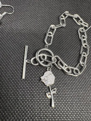 Simulated Diamond, Austrian Crystal Rose Charm Bracelet (7.50in) & Earrings