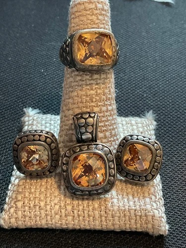 Vtg DBJ Signed Sterling Silver Ring,Pendant, Earring Set, cushion cut Citrines