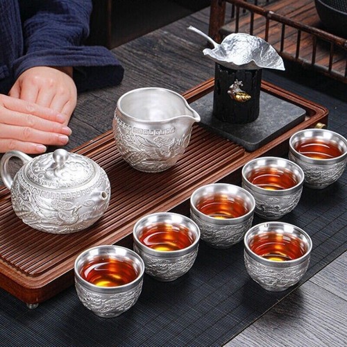 Set da tè in argento puro 999 teiera fatta a mano argento sterling tazza da tè rilievo drago - Foto 4 di 18