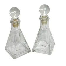 Vintage Set of 2 Clear Glass Pyramid Refillable Perfume Bottle with Topper 4oz