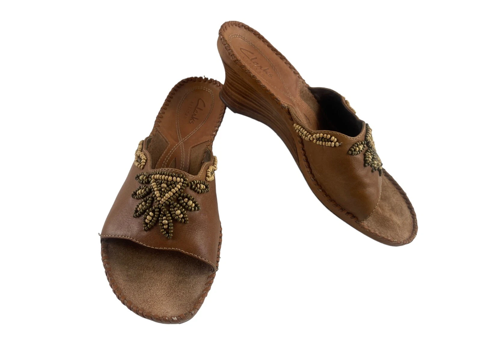 Scarpe donna Clarks Artisan marroni 8 5 M pelle perline sandali con zeppa