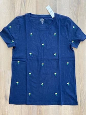 J. Crew Women's "Embroidered Tulips" Slub Cotton T Shirt - Navy - NWT