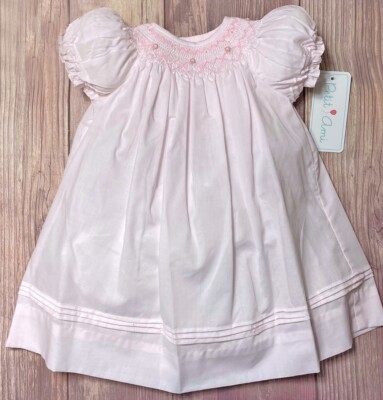 NWT Petit Ami Pink Pintuck Smocked Bishop Baby Dress 12 Months 12M Girls Pearls