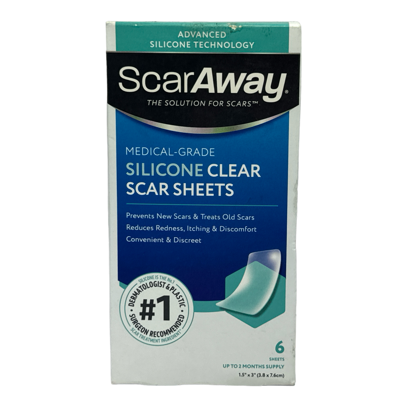 ScarAway MedicalGrade Silicone Clear Scar Sheets 6 Sheets 1.5"x3