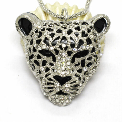 New Fashion Women Silver-plated Leopard Head Crystal Pendant Chain Necklace - Photo 1 sur 2