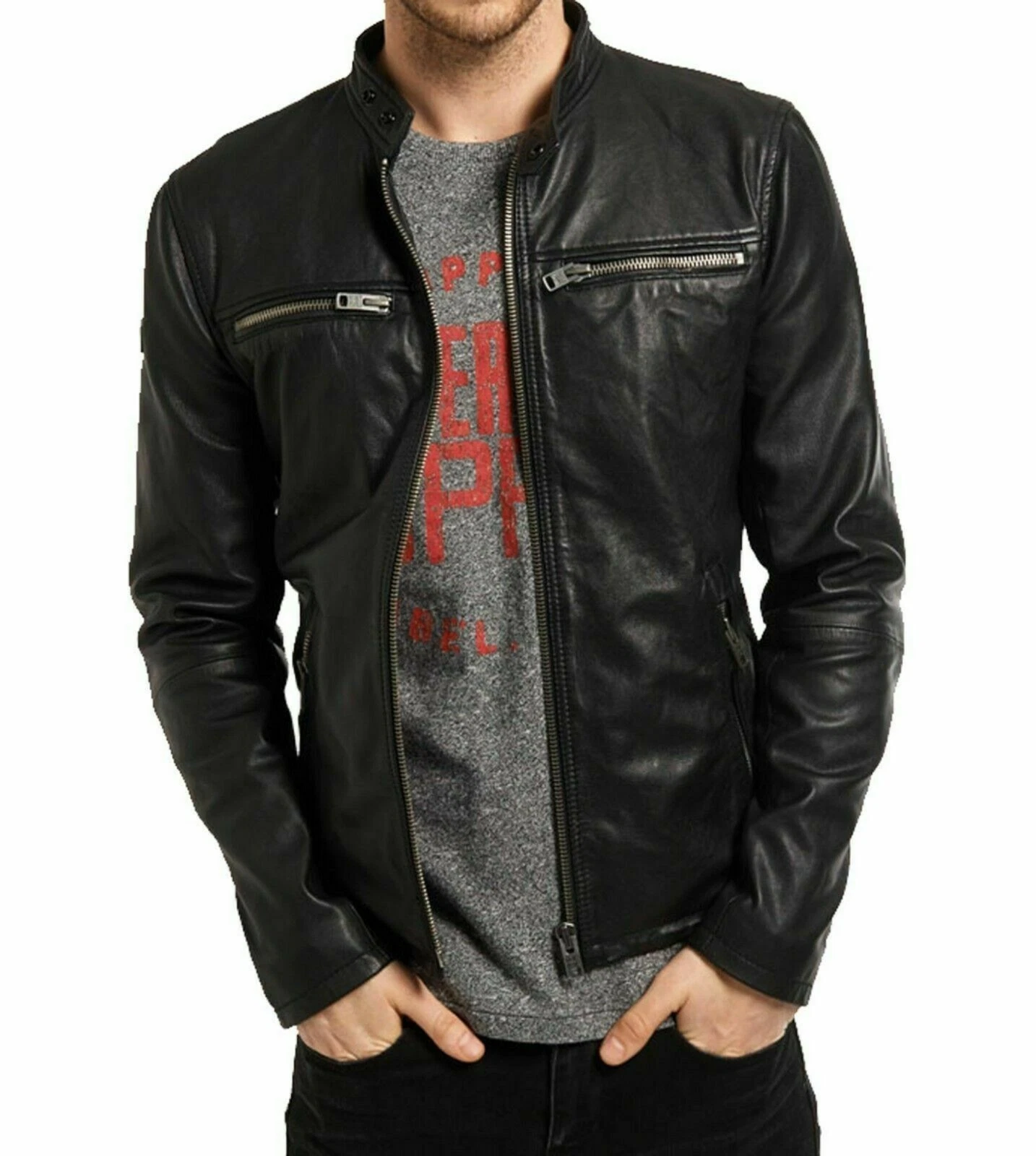 NOORA Lambskin Leather Jacket Men's Slim fit Genuine Biker Black Jacket YK50