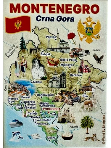 Montenegro Graphic Map and Attractions Souvenir Fridge Magnet 2.5" X 3.5"