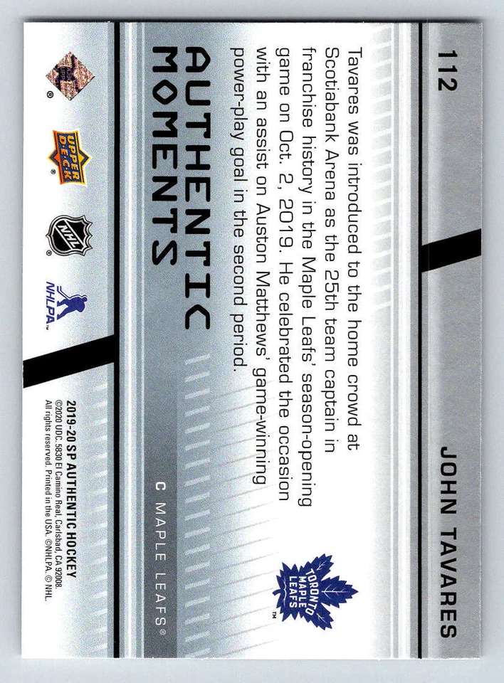 2019-20 SP Authentic #112 John Tavares AM (ref 199606) - Image 2 of 2
