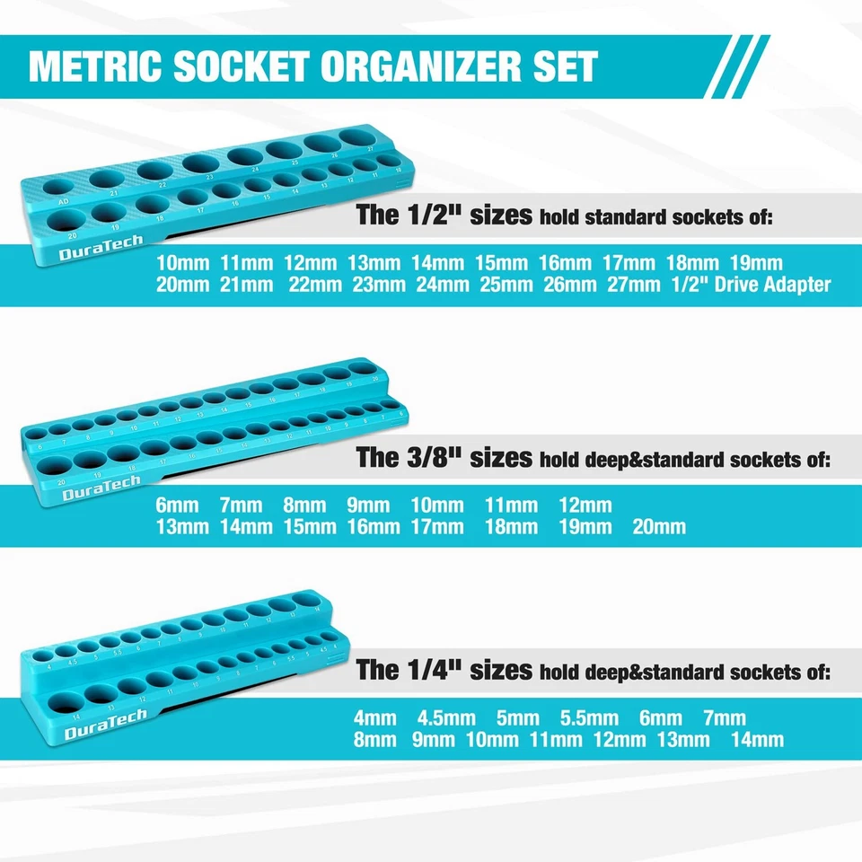 WORKPRO 3PC Magnetic Socket Organizer Set 1/4'' 3/8'' 1/2'' Socket Holder Metric - Image 3 of 4