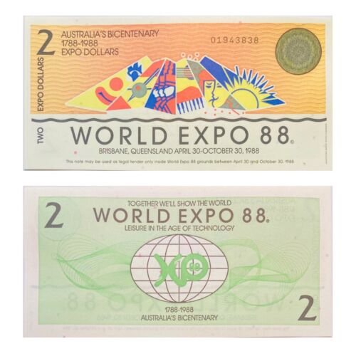 WORLD EXPO - BRISBANE 1988 AUSTRALIA 2 OLD DOLLARS AUSTRALIAN BICENTENNIAL A-UNC - Afbeelding 1 van 3