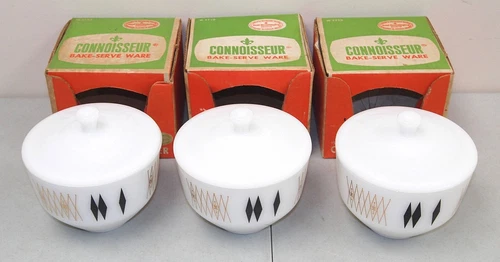 New! Vtg 3- FEDERAL GLASS "Casserole Dishes & Lids" MCM MILK GLASS Lot 1.5 Quart