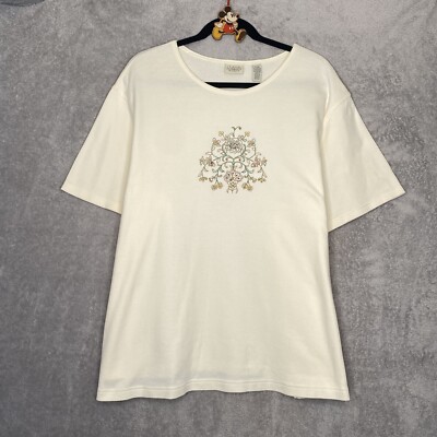 Classic Elements 3X 24 26W Top Shirt Cream Floral Short Sleeve Knit Embroidered