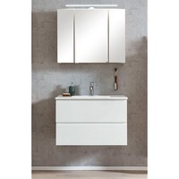 BadmöBel Set Waschplatz Waschtisch Waschbecken Spiegelschrank 85Cm Weiß Eiche