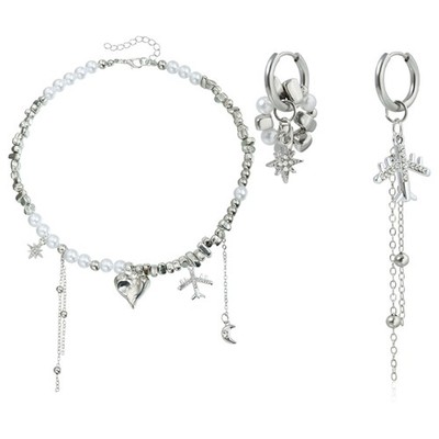 Unique Geometric Heart Necklace and Earrings Set with Star Moon Plane Jewelry