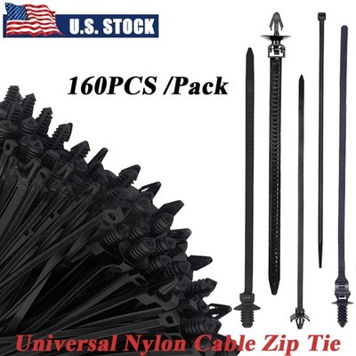 160X Universal Car Nylon Push Mount Cable Zip Ties Assorted Sizes Self Locking