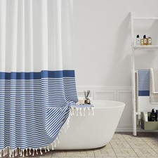 Navy Blue Fabric Shower Curtain, Farmhouse Boho Striped Tassel Shower Curtain...