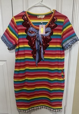 YATIVI Rainbow Striped T-Shirt Dress Sequin Bow Ruffle Collar M Cotton Blend