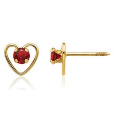 14K Solid Yellow Gold 3mm Garnet Heart Stud Earrings