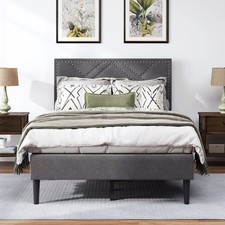 Full Bed Frame Storage Headboard Up to 400lb Capacity Gray Free Shipping