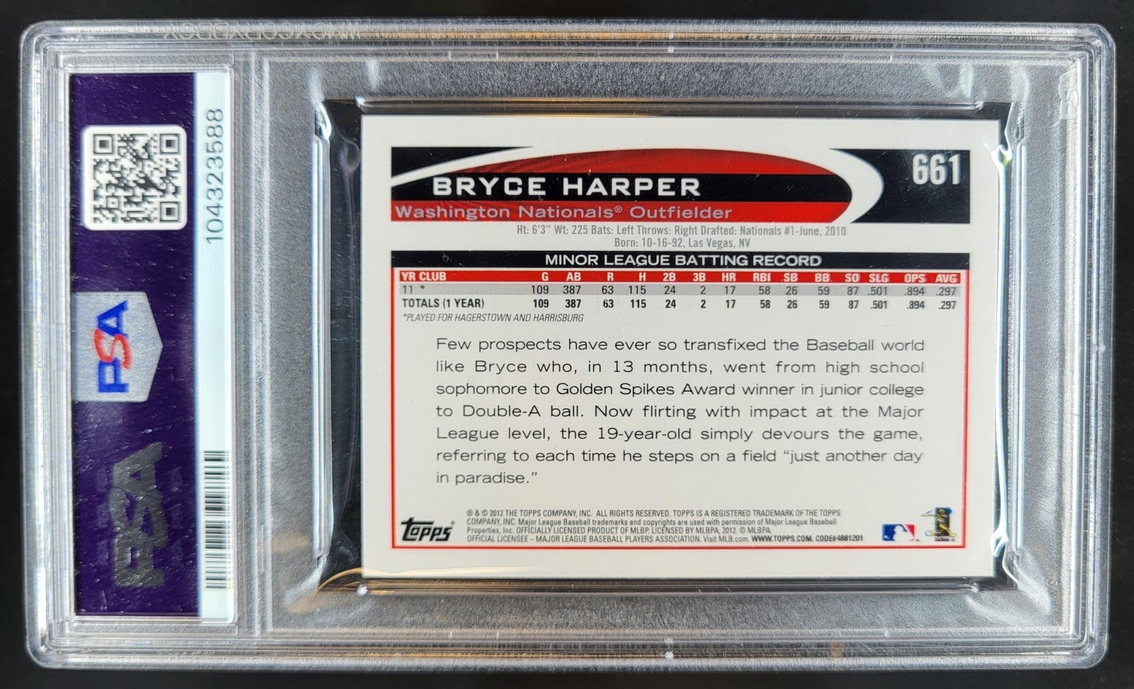 2012 Topps Mini Bryce Harper MINI #661 RC PSA 10 Washington Nationals AP2 view 2