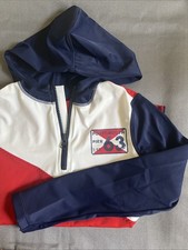 Boys NEW Swim Rash Guard Hooded Shirt LS LAND s END Sz Small Blue/Red/White