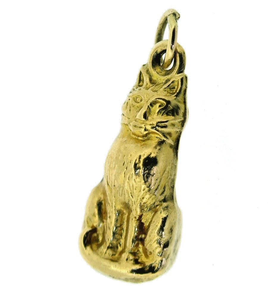 Katze Anhänger 9kt Gold Gelb 3D Hohl Sitzend Aufrichtig Vintage Punze London 1970