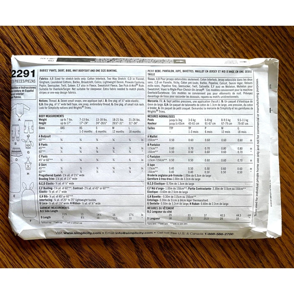 UNCUT 2000s Simplicity 2291 Sewing Pattern Baby Sz XS-XL Pant Bodysuit Skirt Bib - Image 2 of 2