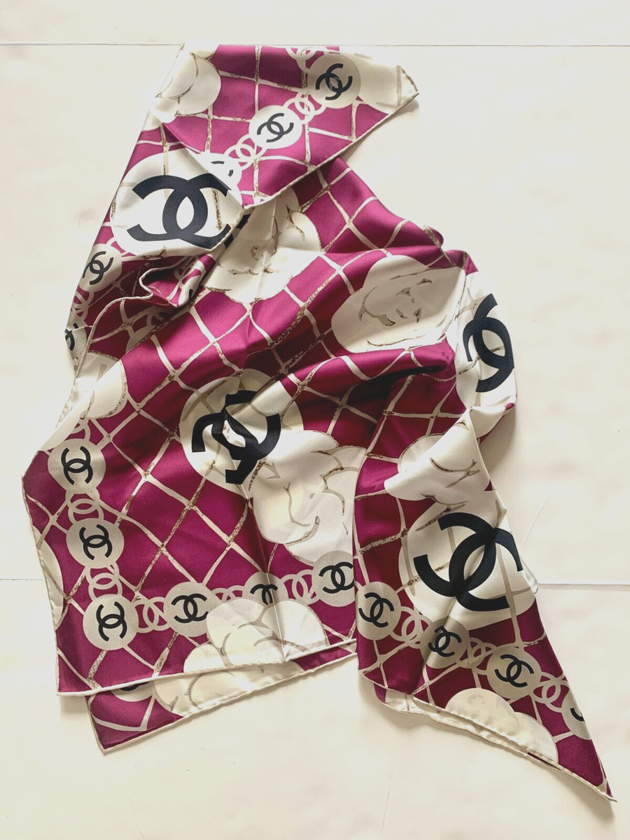 CHANEL Logo CC Camellia Burgundy Silk Square Neckerchief