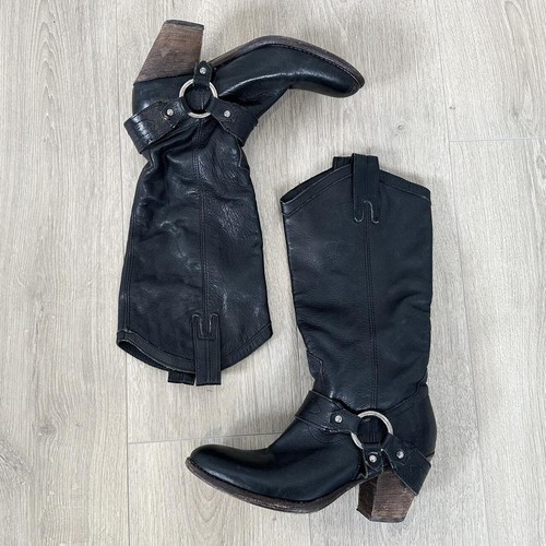Vintage FRYE Black Leather Heeled Harness Boots 6.5 - Bild 2 von 6
