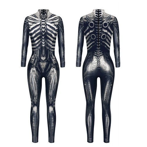 Women Halloween Bodysuit Skeleton Printed Catsuit Cosplay Costume Skinny Leotard - Picture 2 of 17