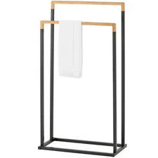 MyGift Freestanding 2 Tier Black Metal and Bamboo Bath Towel Bar Hanging Rack