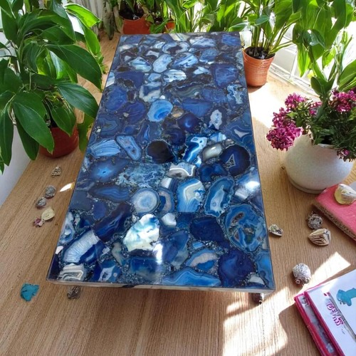 48"x36" Blue Agate Stone Dining Table Natural Gemstone Countertop Hallway Decors - Picture 7 of 7