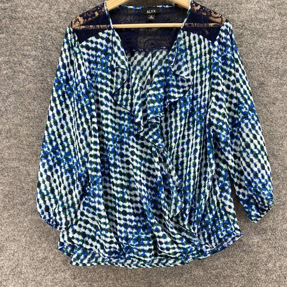 Blusa Alyx Feminina XL Azul Geométrica Decote V Manga Longa Pulôver Casual Conforto - Imagem 4 de 4