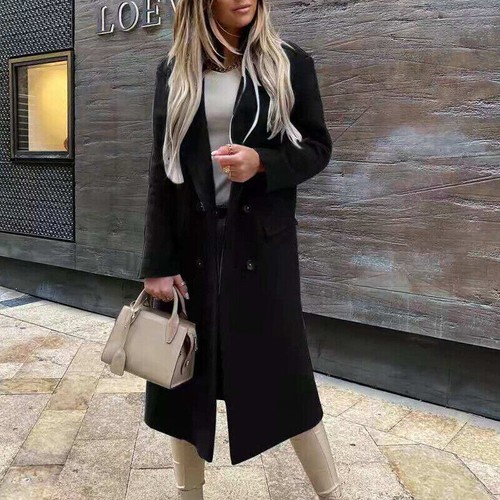 Damen Revers langer Mantel Outwear Damen Freizeit Winter warm Trenchcoat Jacke - Bild 7 von 13