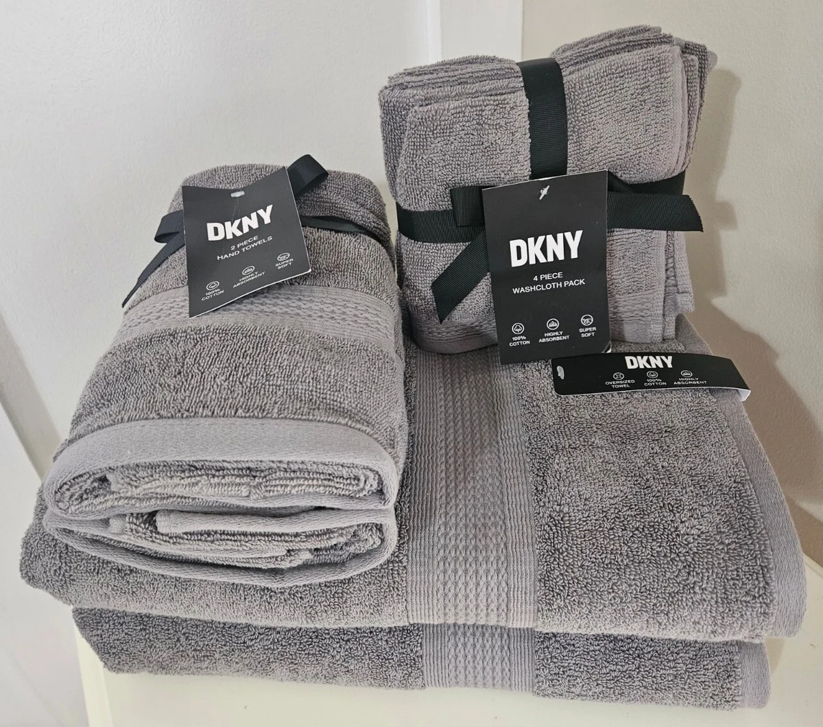 New DKNY SOLID GRAY Cotton Super Soft Quick Dry 8 PC SET Bath Hand Wash  Towel