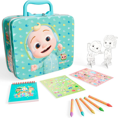 Cocomelon Tin Box for Toddlers - Stickers, Coloring Pencils, Notepad - Gift Set 