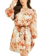 Guess Morgane Floral-Print Belted Chiffon Dress W2BK12WDWT2 Floral Print White S
