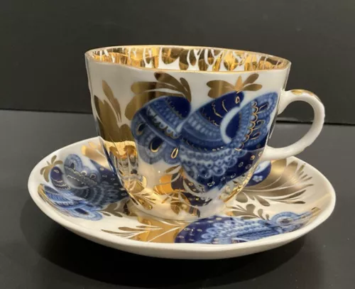 Lomonosov Vintage Cobalt Blue Gold Imperial Bird, Cup and Saucer USSR